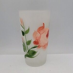 Vtg Frosted Drinking Glass Handpainted Pink Flowers Hazel Atlas‎
